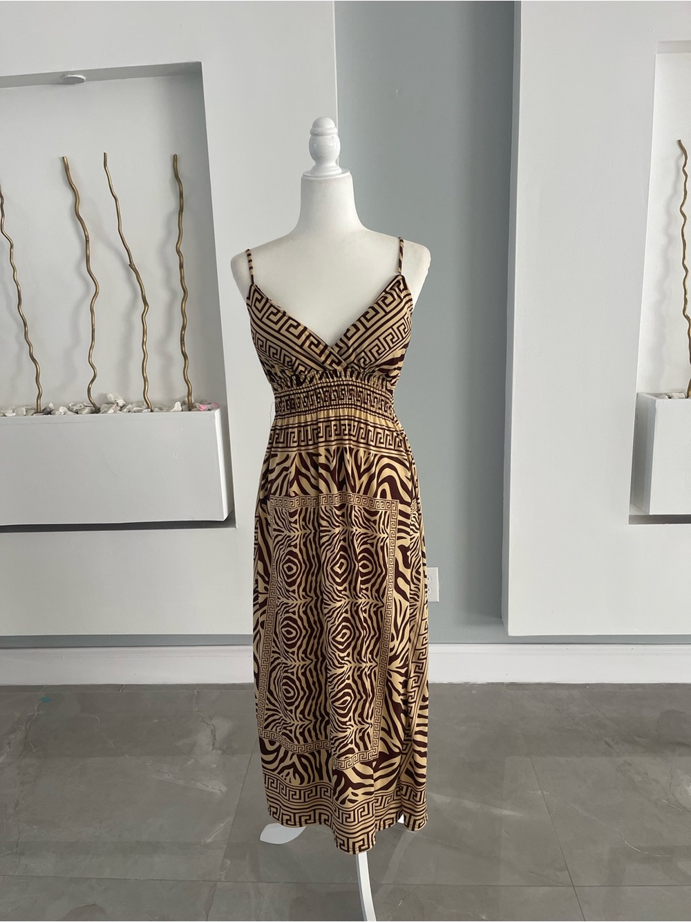 Brown Patterned Midi Dress with Spaghetti Straps